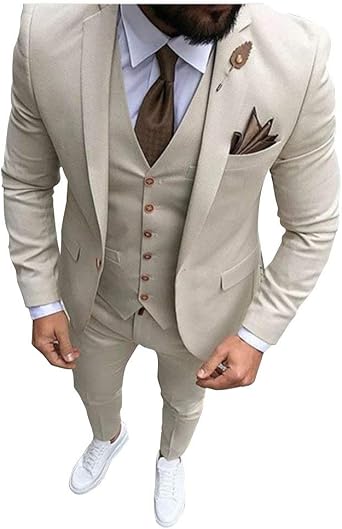 Men Beige Tan Ivory 3-Pieces Tailored Wedding Notch Lapel Tuxedo Groomsmen Men Slim Fit Blazer Pant Vest Suit