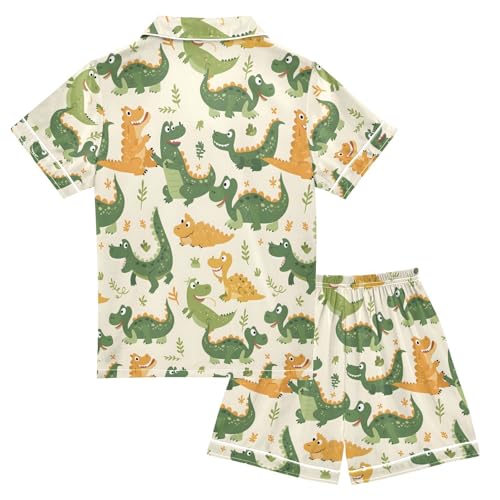 ALAZA Cartoon Green Crocodile Leaf Pajamas Satin Pajama Set Short Sleeve Button Down Sleepwear2
