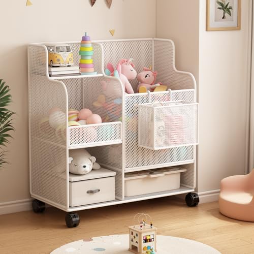 Fohome Kids Toy Storage Organizer Baby Bookshelf with Toy Storage Rack Durable & Safe Toy Storage for Kids Rooms Living Room and Nursery Montessori Toy Organizer White