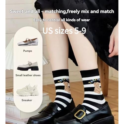 5 Pairs Cute Socks for Women-Cotton Mid Calf Socks - Floral & Cartoon Design with Ruffle Trim2