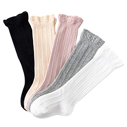 Toddler Girls 5 Pack Ruffled Knee High Socks Casual Uniform Long Stockings 0-5T2