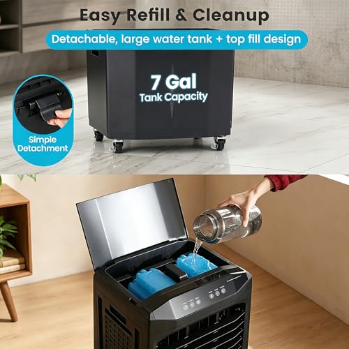 KOTEK 7 Gal Evaporative Air Cooler, 1800 CFM Windowless Portable Swamp Cooler Air Conditioner with 3 Speeds 4 Ice Boxes 12H Timer Remote, Oscillating Cooling Fan for Room Home Gara image 4