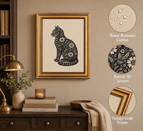 Image of Gold Framed 3D Textured Wall Art, Vintage Floral Cat Canvas Print, 9x11in