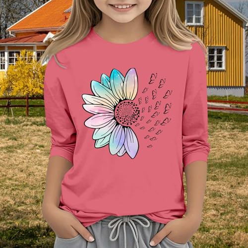 sfdgfhyf Children and Girls Casual Solid Color Round Neck Seven Cuff T Shirt Top 3 13 Years Big Girls Outfits3
