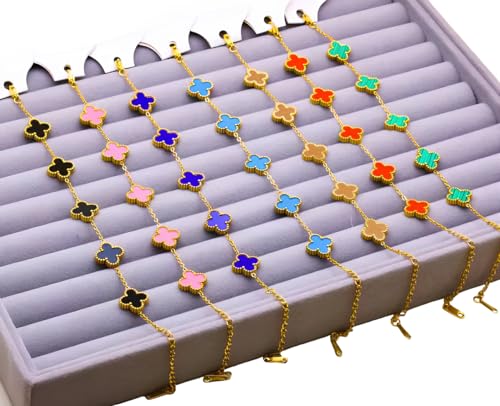 18K gold-plated mother of pearl enamel, adjustable clover lucky bracelet for women, white/black/red/green/red/orange/yellow/blue/indigo/purple flower four leaf chain bracelet, fashionable jewelry gift 6