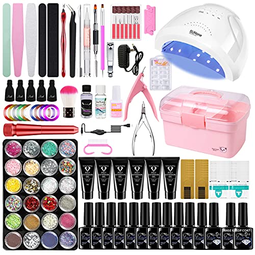 Gel Nail Polish Kit Acrylic Nail Starter Kit Poly Nail gel Kit Manicure Sets for Women with 6 Colors Extension Poly Nail Gel set, 48W UV Lamp, 12pcs Gel Polish, nail drill, Art Decoration Tools,Professional Manicure Tool for Home DIY Salon