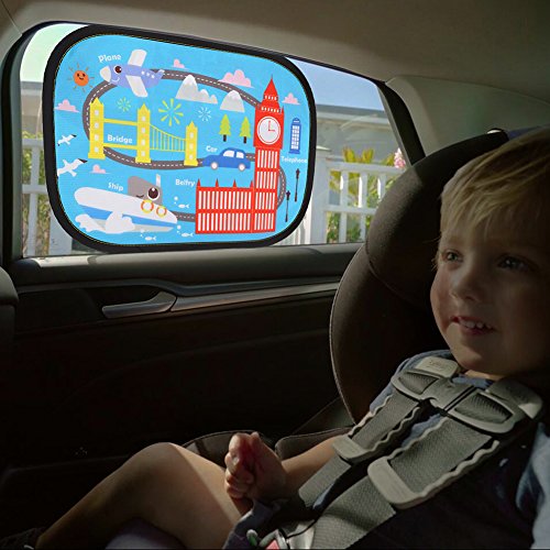 IntiPal Selbsthaftende Sonnenblenden Sonnenschutz Auto Baby Kinder 2er Pack (Reise auf der Welt)