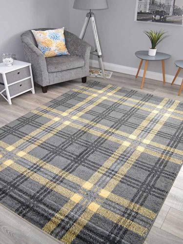 Modern Soft Yellow Tartan Highland Check Rugs (160cm x 220cm)