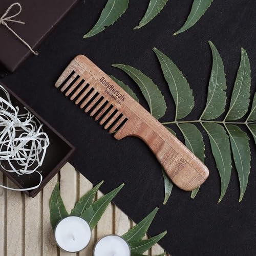 Image of BodyHerbals Dressing Comb, Handle Rake comb, 100% Neem Wood, Hand Made with Design in Gift box (Cream)