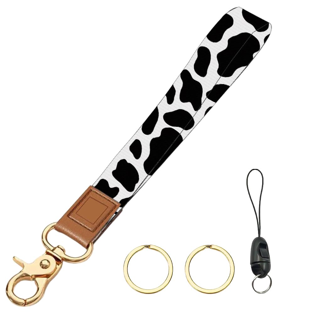 Rohxyzo Unisex White And Black Cow Print Wristlet Keychain, Soft Fabric Wrist Lanyard With Keyrings, Comfortable Car Keychain & Organiser For Women & Men