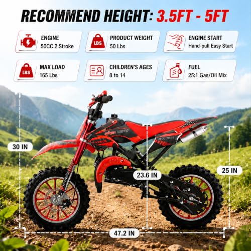 Image of Kids 50cc Dirt Bike,2-Stroke Gas Mini Bike,Red,2026 Upgraded | Kids Dirt Bike for 8-14 with Front Rear Disc Brakes,10In Off-Road Tires,Shock Absorption,Seat Height 23.6in,Max Speed 40Mph