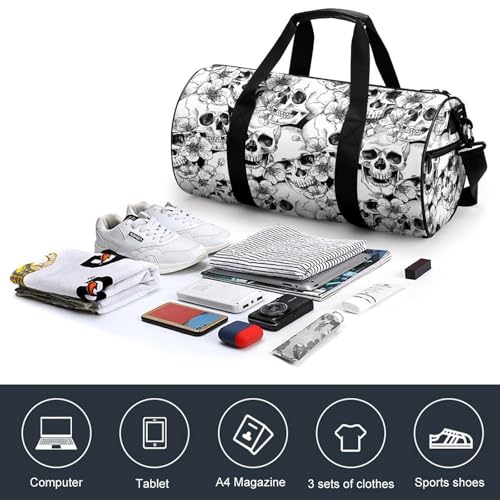 Flowers Cherry Black White Floral Skulls Large Capacity Cylindrical Fitness Bag, Hand-held Fitness Bag4