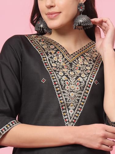 Image of VredeVogel Women's Cotton Blend Kurta Pant Set with Chanderi Silk Embroidery Dupatta