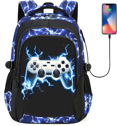 FRMARCH School Backpack for Boys - Gamer Boys Backpack for Kids Teens Elementary Middle School18 Large Capacity Waterproof Bookbag with Usb Charging Port Travel Daypack for age 6-18