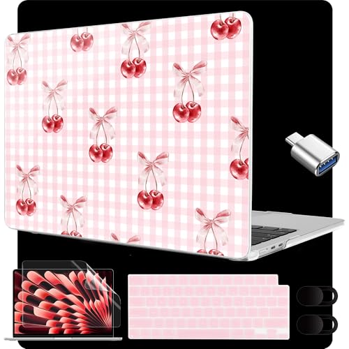 Image of MEEgoodo for M5 /M4 /M3 /M2 MacBook Air 15 inch Case 2026 2025 2024 2023, Case Fit Model (A3448 /A3241 /A3114 /A2941) for MacBook Air 15.3 inch, Pink Checkerboard&Cherries