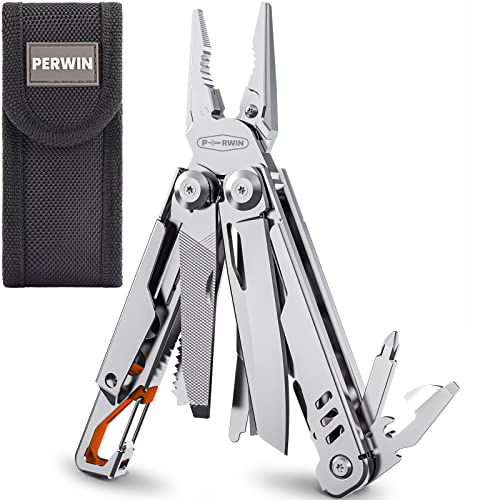 Multitool, 17-in-1 Stainless Steel Multi Tool Pliers with Self-Locking, Pocket Knife, Nylon Sheath, Professional (EDC) Multi-Tool for Survival, Camping and Hunting, Hiking, Gifts for Men Sil
