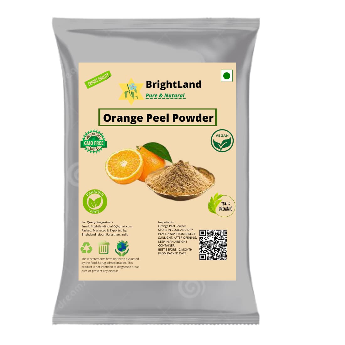Brightland Organic Orange Peel Powder | Citrus aurantium - for Oil Control and Best for Skin And Face - (100g)