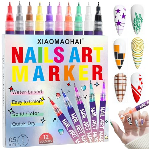 XIAOMAOHAI Nail Art Markers Nail Art Pens For Kids Girls 12 Colors 0.5mm Nail Art Tools for Dotting Drawing Painting Point Liner DIY Painting Nails