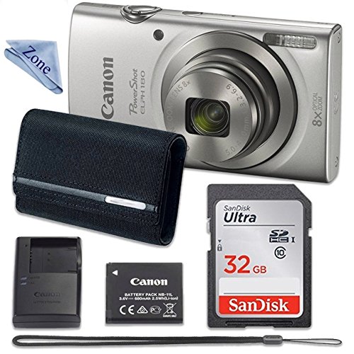 Canon PowerShot ELPH 180 Digital Camera (Silver) with 32GB Memory + CASE +