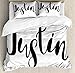 ABAKUHAUS Justin Funda Nórdica, Moderno Nombre Popular Masculino, 2 Fundas para Almohada Set Decorativo de 3 Piezas, 220 x 220 cm - 75 x 50 cm, En Blanco y Negro