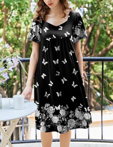 Image of Ekouaer Women's House Dress - Pleated Nightgown with Short Sleeves & Pockets