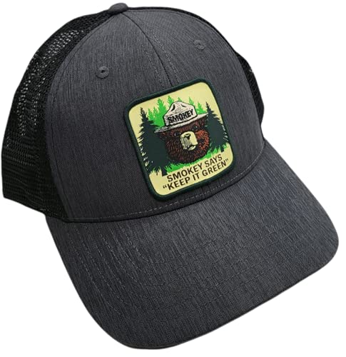 PNW Apparel Smokey The Bear Keep it Green Snapback Trucker Hat with Smokey The Bear Woven Patch (Grey Black)