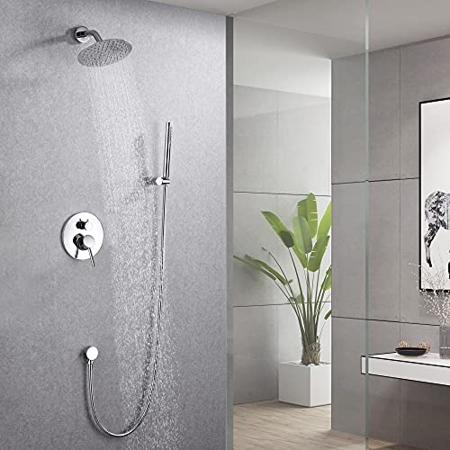 Image of SUMERAIN Bathroom Rain Shower System with 8 inch Rain Shower Head | Wall Mounted, Brass Hand Shower, Rough in Valve Included, Concealed Box Design, Easy to Maintain and Install