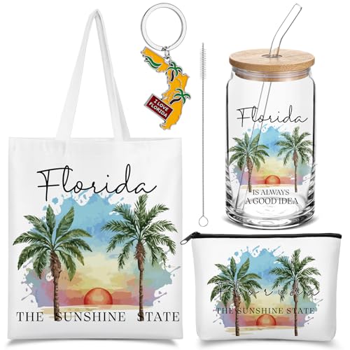 Chuangdi 4 Pcs Florida Travel Gifts Set Canvas Bag Cosmetic bag 16 oz Tumbler and Keychain Florida City Souvenirs Gifts for Traveler Friend Lover Sister