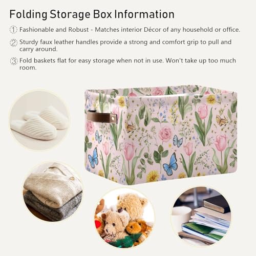 Image of Aslsiy Storage Basket Cute Bright Flowers Easter Nursery Bins Butterfly Pink Canvas Clothes Shelf Basket Laundry Hamper Gift Basket 1 Pcs