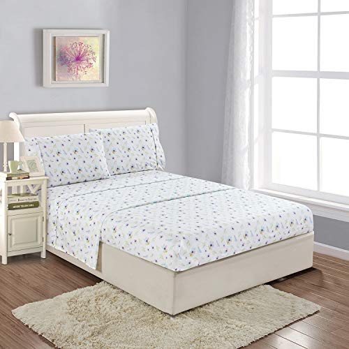 softan Queen Bed Sheet Set, 4 PC Dandelion Printed Brushed Microfiber Elegant Bedding Set, 1 Flat Sheet,1 Deep Pocket Fitted Sheet, and 2 Pillow Cases, Breathable & Silky Soft Feeling Sheets