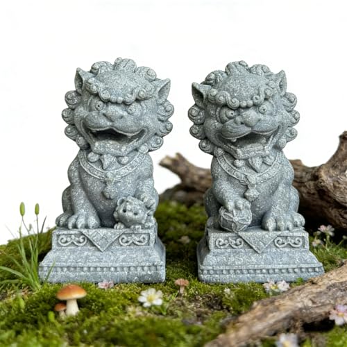 Image of livelyfish Asian Fu Foo Dogs Statues Mini Pair of Two Guardian Lion Sandstone Figurine Pets Fish Tank Aquarium Landscape Ornaments Accessories Feng Shui Decorations (G)