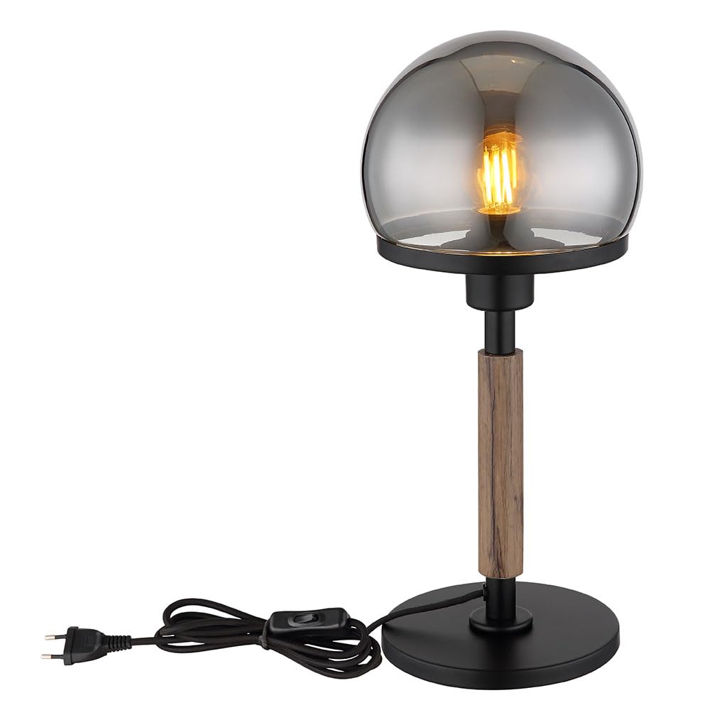 Tischlampe Pilz Design Nachttischlampe Retro Tischleuchte Rauchglas Holzoptik Wohnzimmerlampe, Metall schwarz, 1x E27, DxH 18 x 40 cm