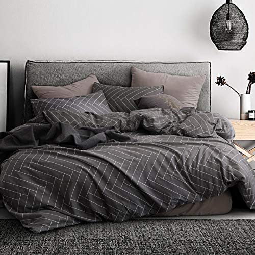 ECOCOTT 3 Pieces Duvet Cover Set Queen 100% Natural Cotton 1 Duvet Cover 2 Pillowcases, Dark Grey and White Herringbone Printed Pattern Soft Cozy Luxury and Durable Bedding Set