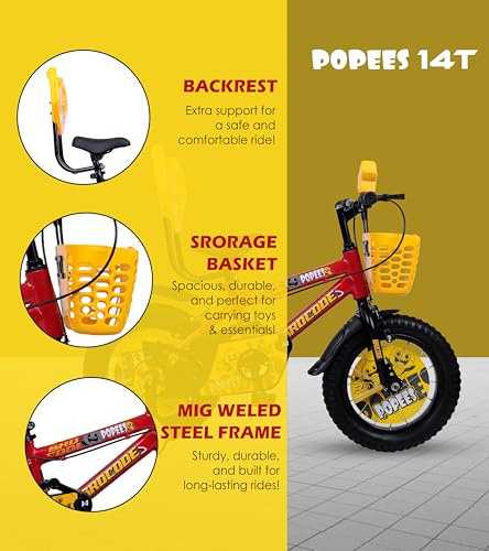 Image of BROCODE Kids Cycle for 2-5 Years Boys & Girls | 14T Baby Bicycle with Training Wheels, Basket & Backrest | Semi-Assembled Kids Cycle - Professional Assembly Recommended | Red BMX Style Bike