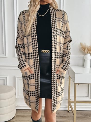 Womens Oversized Thick Houndstooth Pocket Long Cardigan Fall 2024 Ladies Dressy Casual Open Front Sweater Coats4