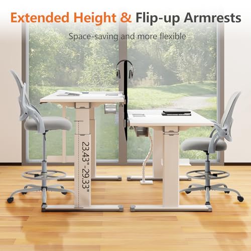 Image of Sweetcrispy Tall Drafting Office Desk Chair - Ergonomic High Stool Computer Chair with Adjustable Height and Comfy Lumbar Support, Rolling Counter Height with Flip-up Arm and Footrest, Grey