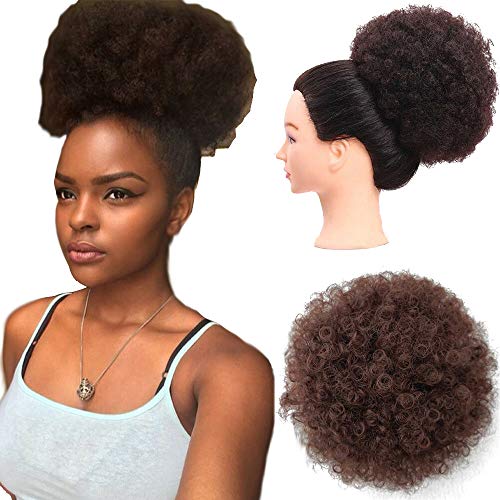 DQ Hair Short Afro Curly Synthetic Puff for Women, Brown Color High Temperature Heat Resistant Ponytail with Drawstring and 2 Combs Brown Color Natural Real Looking (#4,Black Base)