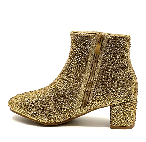 Forever Girls Rhinestone Boots Kids Low Heel Dress Booties Iceberg-12K Shoes Gold Rhinestone 14