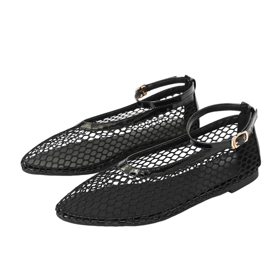 Women's Mesh Ballet Flats Ankle Strap Mary Jane Style Breathable Metal Buckle shoes Summer Casual Daily Dress Fishnet Flats