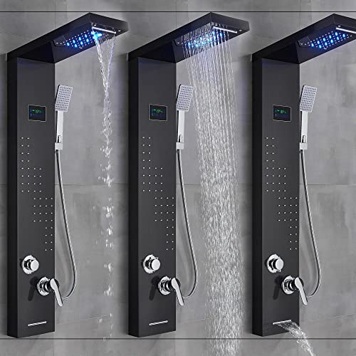 Panel de ducha con LED y torre de lluvia en acero inoxidable, sistema de boquillas de masaje cascada, columna mezcladora para ducha - Negro miniatura 5