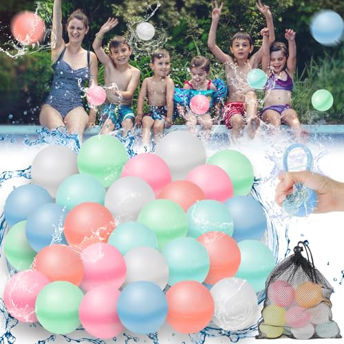 Wiederverwendbare Wasserballons 2026 Nue 30 Stück Wasserbomben Selbstschließend mit Netztasche Wasserballons Schnelles Befüllen Wasser Luftballons Wiederbefüllbare Silikon Set mit 1 Mesh Bag