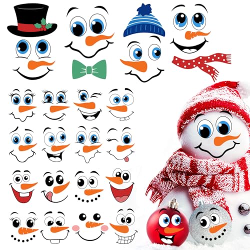 36pcs Snowman Face Stickers for Crafts Christmas Ornaments Vinyl Rub on Transfers UV Decals Cute Snowman Face Stickers for Xmas Winter Holiday Window Glass Cups Balls Jars Home Decorations