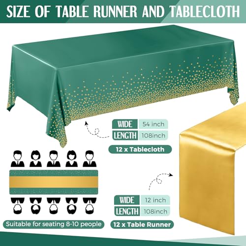 Image of Breling 24 Pack Green and Gold Disposable Plastic Tablecloths and Satin Table Runner Set, 54 x 108 Inch Tablecloth, 12 x 108 Inch Table Runners for Wedding Graduation Birthday Baby Shower New Year