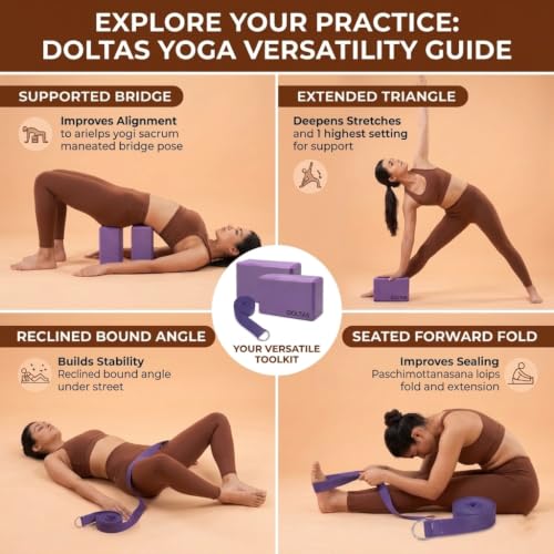 Image of DOLTAS High Density Foam Yoga Block Set of 2 with Yoga Strap - Non-Slip Lightweight Bricks for Improved Balance, Flexibility, Strength & Stability - Support for Pilates, Stretching & Meditation
