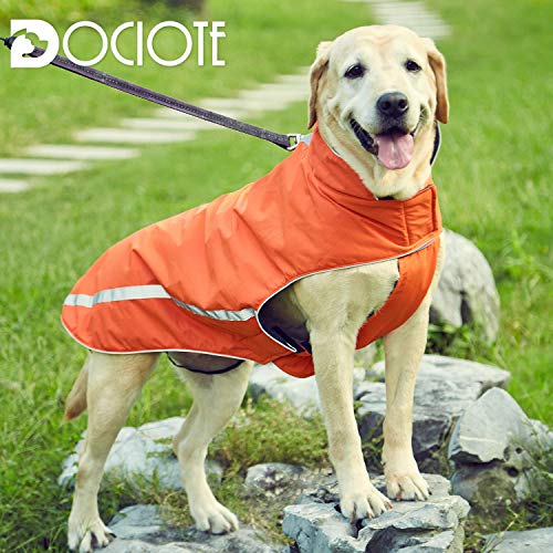 Wasserdichter Hundemantel Hundejacke mit Kragenloch Klettverschluss Fleece gefüttert reflektierender Wintermantel für mittelgroße große Hunde Orange 5XL