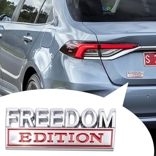 Image of 1pc 3D Raised Letter Freedom Edition Emblem Car Decals - Metal Sticker for Cars, Trucks, Motorcycles, SUV - Door Tailgate Bumper Badge Decal Vehicles Decoration (Silver and red)