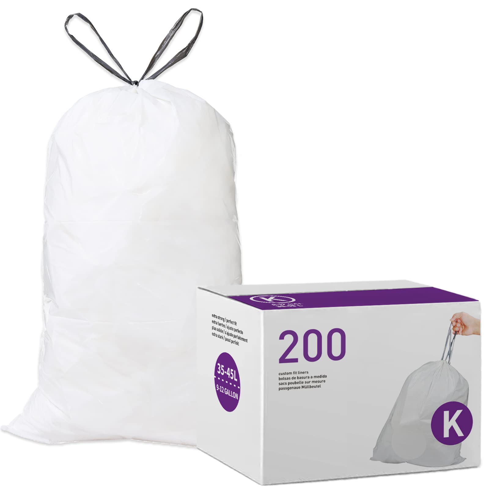 RepaironicsCode K (200 Count) 9-12 Gallon Heavy Duty Drawstring Trash Bags Compatible with Simplehuman Code K Garbage Can Liners 9-12 Gallon/35-45 Liter | 1.2 Mil | White