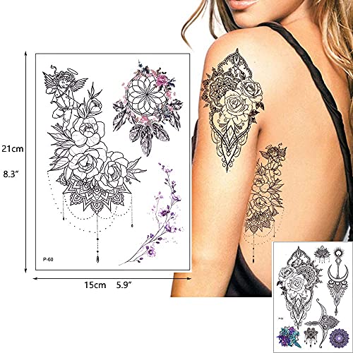 Glaryyears Black Lace Temporary Tattoo For Women Girls, 60+ Patterns 8 Pack Fake Mandara Flowers Tattoos Stickers, Sexy On Body Underboob Arm Chest Shoulder Thigh Abdomen Waist For Beach Party #TOP5