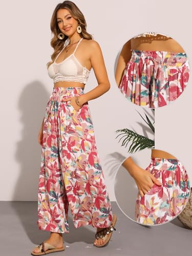 Allegra K Tropical Pants for Women's Boho Elastic Waisted Flare Palazzo Wide Leg Pants2