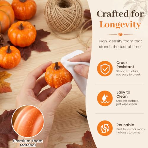 HAKACC 14 PCS Artificial Mixed Pumpkins for Decorating, Fake Pumpkins with 30PCS Fake Maple Leaves Thanksgiving Fall Harvest Decorations for Home, Fall Table Decor